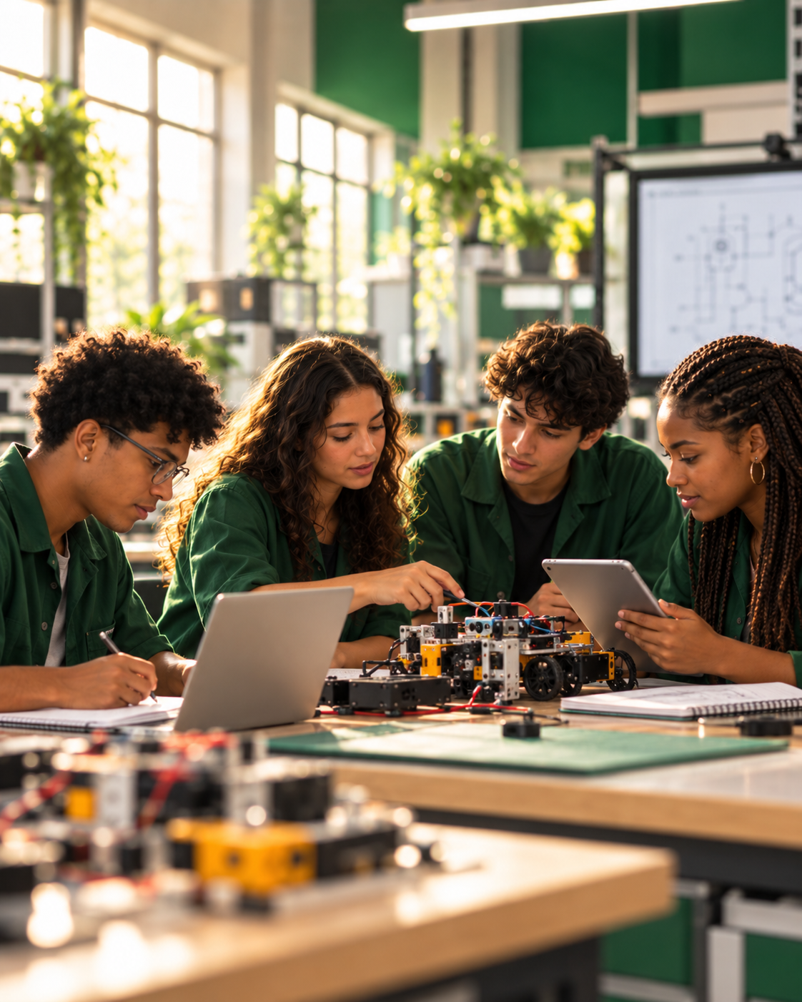 Alunos colaborando em laboratório de robótica