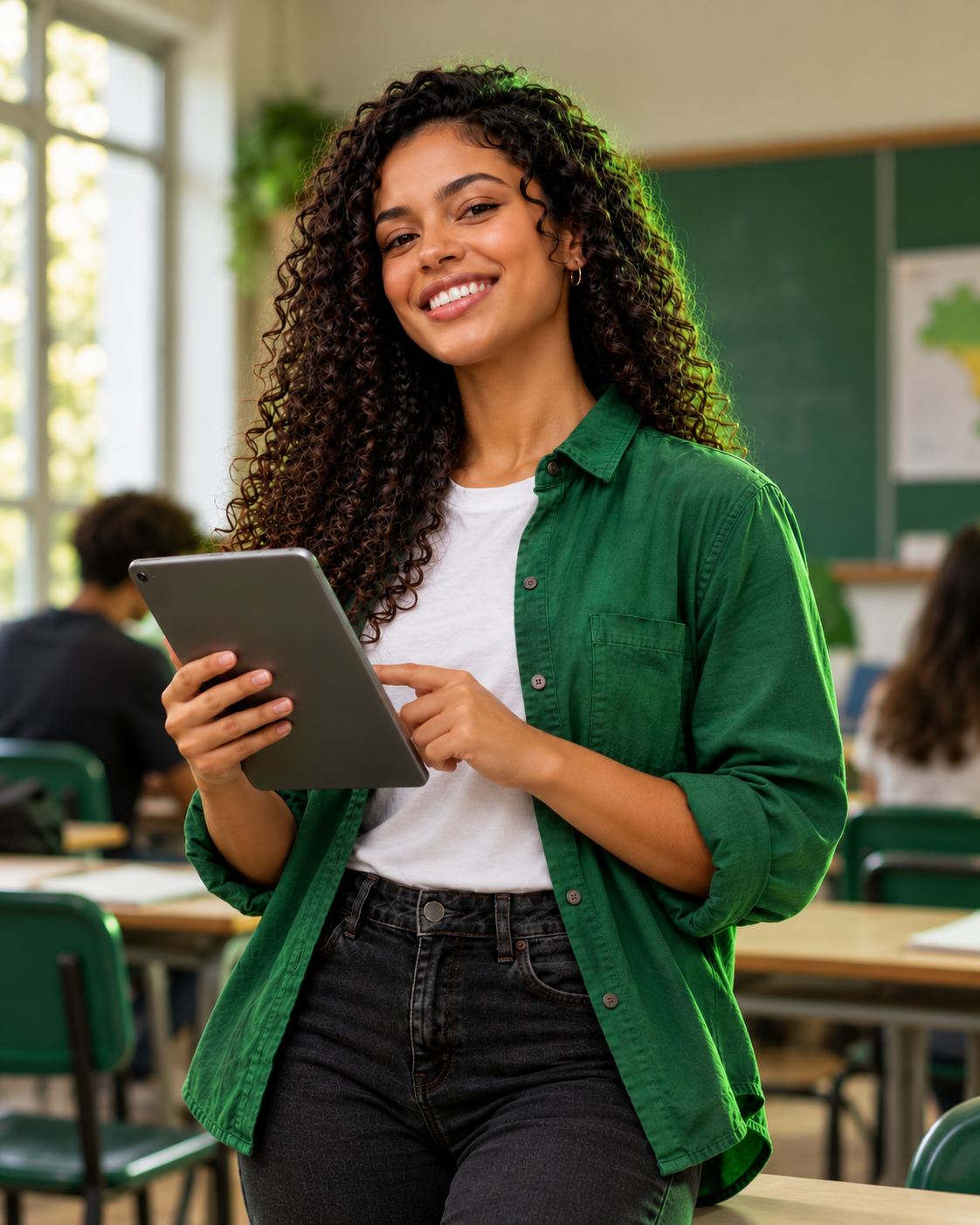 Estudante sorridente com tablet em sala de aula